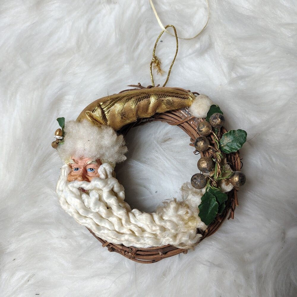 Woodland Santa Face VTG Grapevine Twig Christmas Ornament Gold Accents